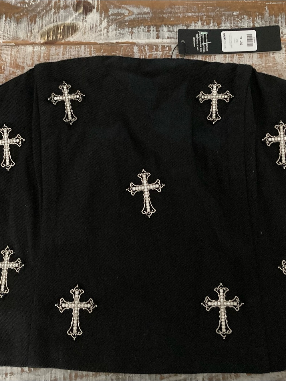 Fashion Nova Black strapless bustier top with Silver Cross Embellishments